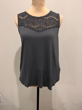 Women's Charcoal Colored Lace Yoke Sleeveless Top
